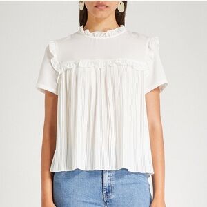 Maje Lamou Ruffle Pleated Tie-back Top Blouse Short Sleeve Shirt White Large 3